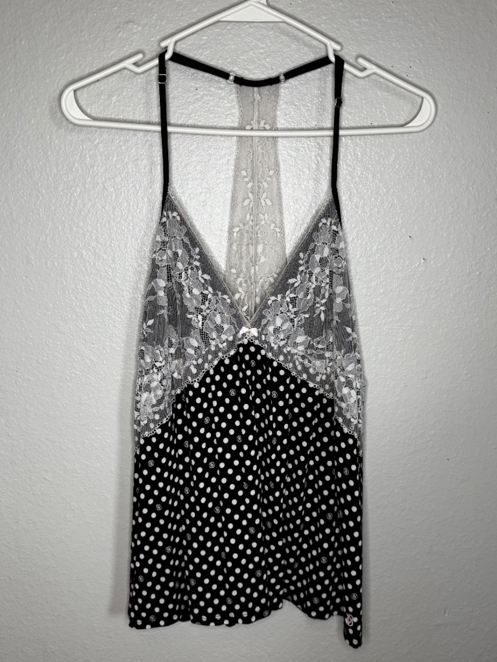 Victoria's Secret Black and White Polkadot Racerback Chemise With Lace Detail